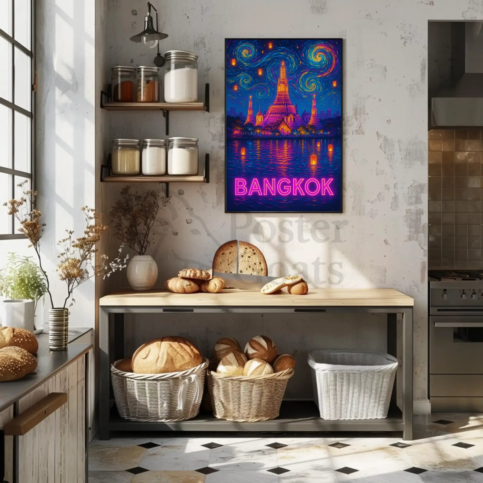 Stylized Bangkok Cityscape with Lanterns Travel Poster PosterGoat