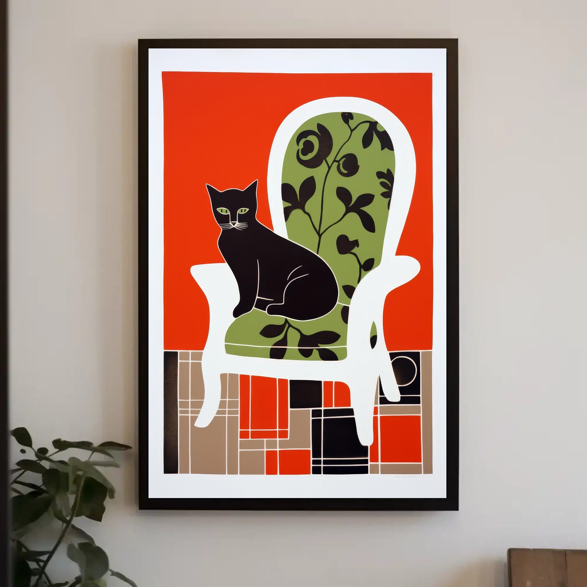 Stylized Black Cat on Elegant Chair Wall Art PosterGoat