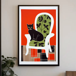 Stylized Black Cat on Elegant Chair Wall Art PosterGoat