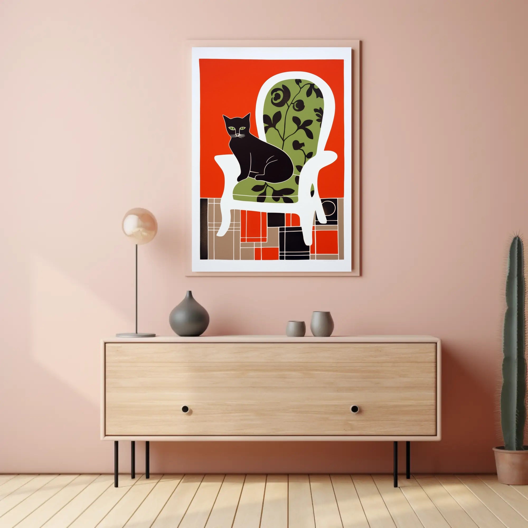 Stylized Black Cat on Elegant Chair Wall Art PosterGoat