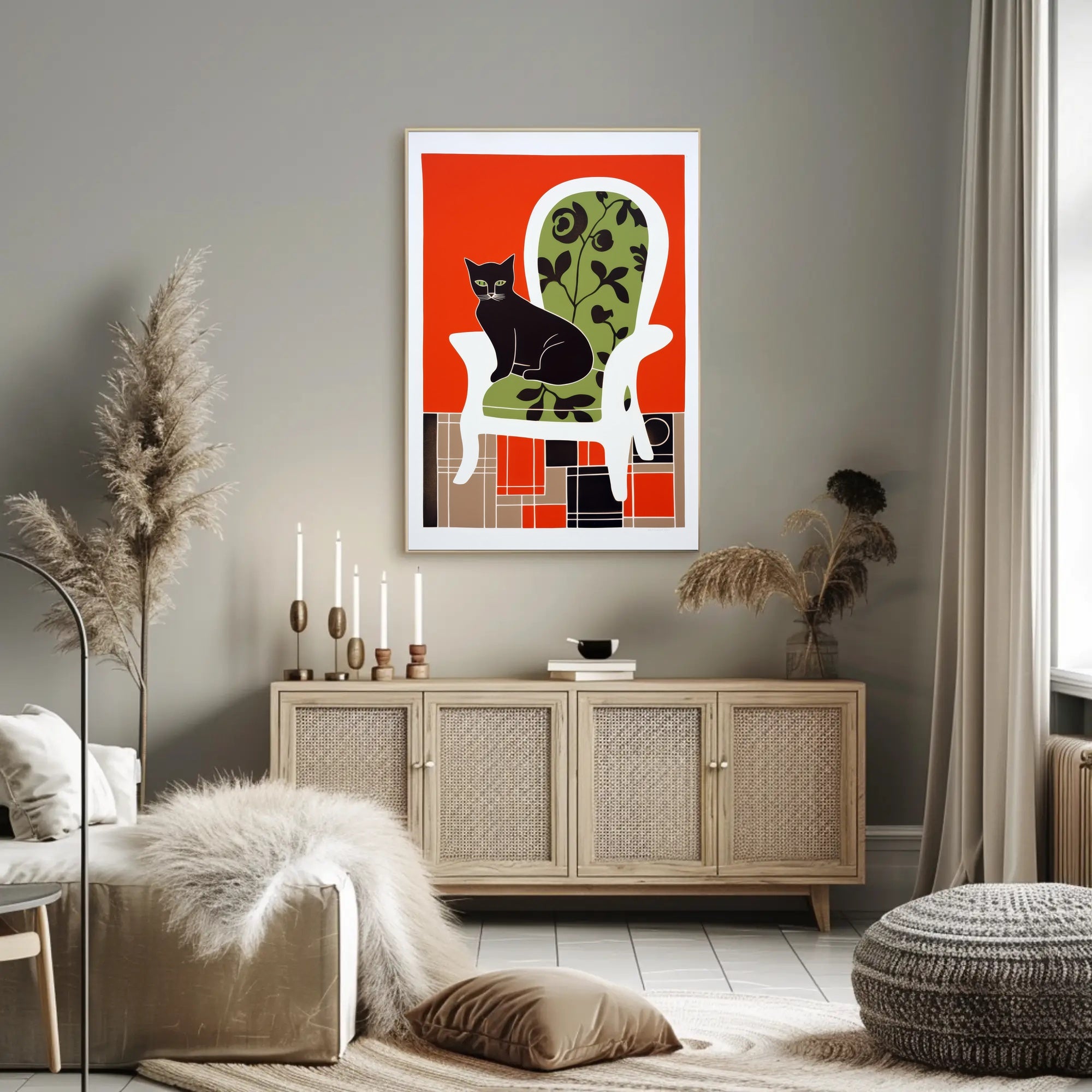 Stylized Black Cat on Elegant Chair Wall Art PosterGoat