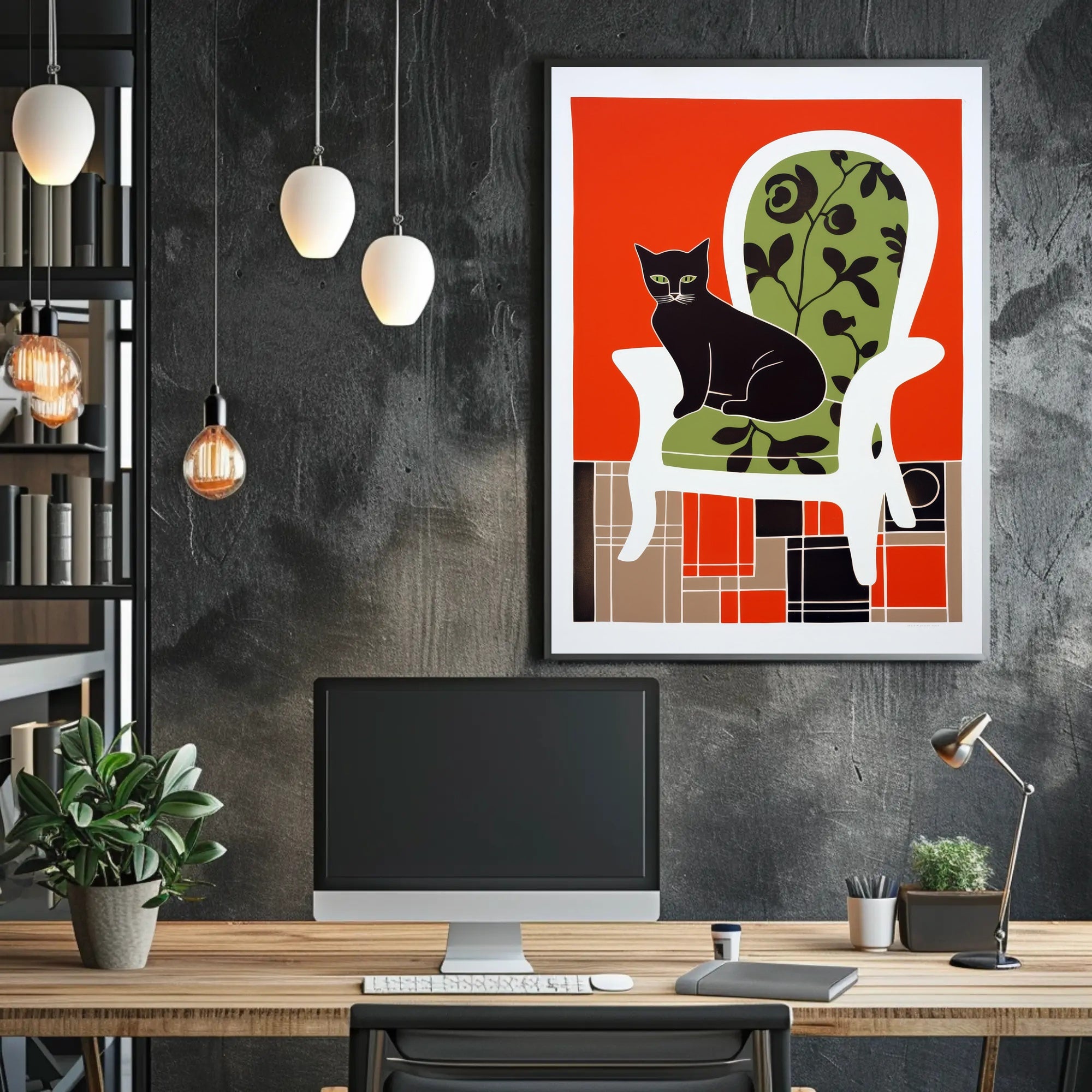 Stylized Black Cat on Elegant Chair Wall Art PosterGoat