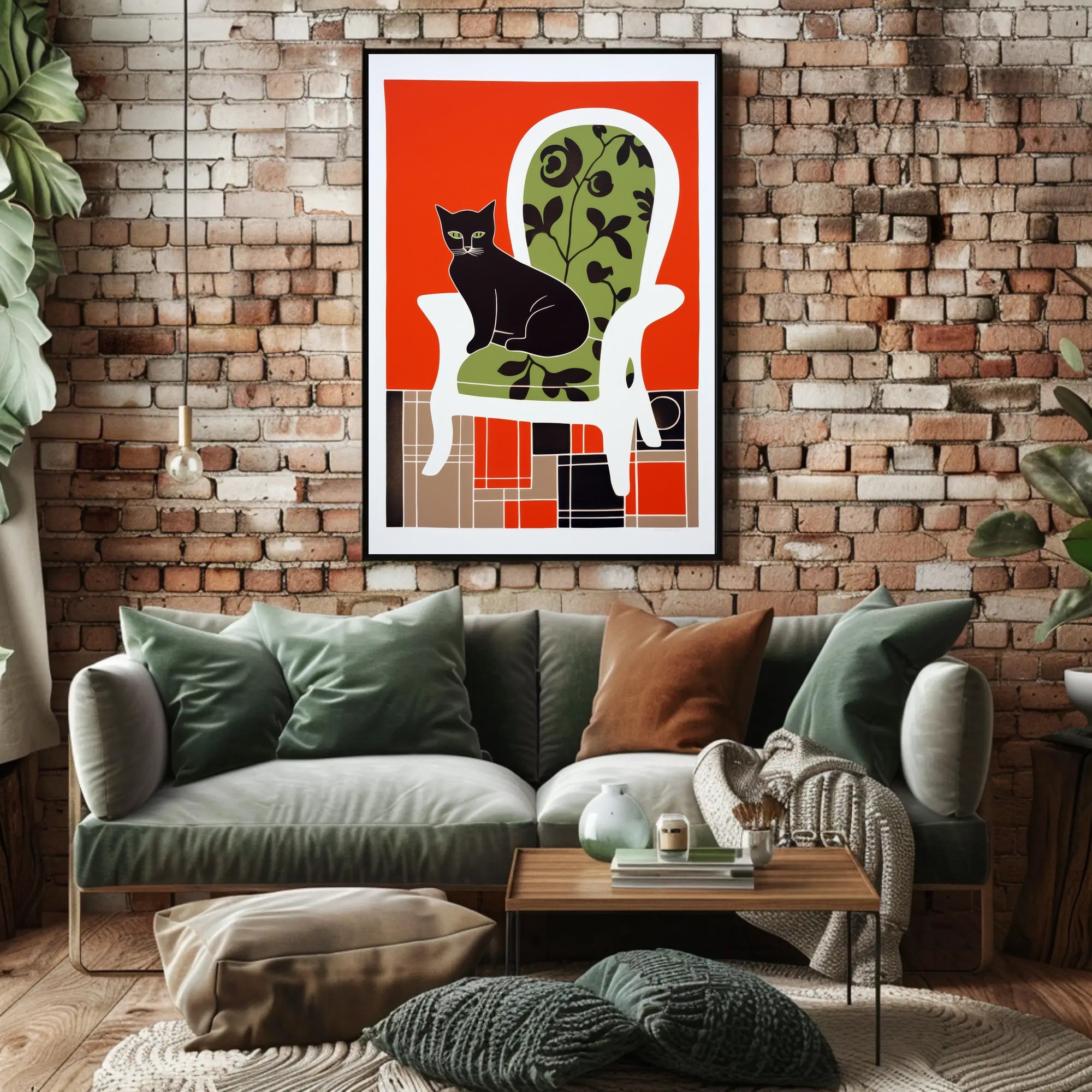 Stylized Black Cat on Elegant Chair Wall Art PosterGoat