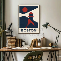 Stylized Boston Lighthouse Coastal Travel Poster PosterGoat