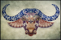 Stylized Buffalo Head with Blue Motifs Animal Poster PosterGoat