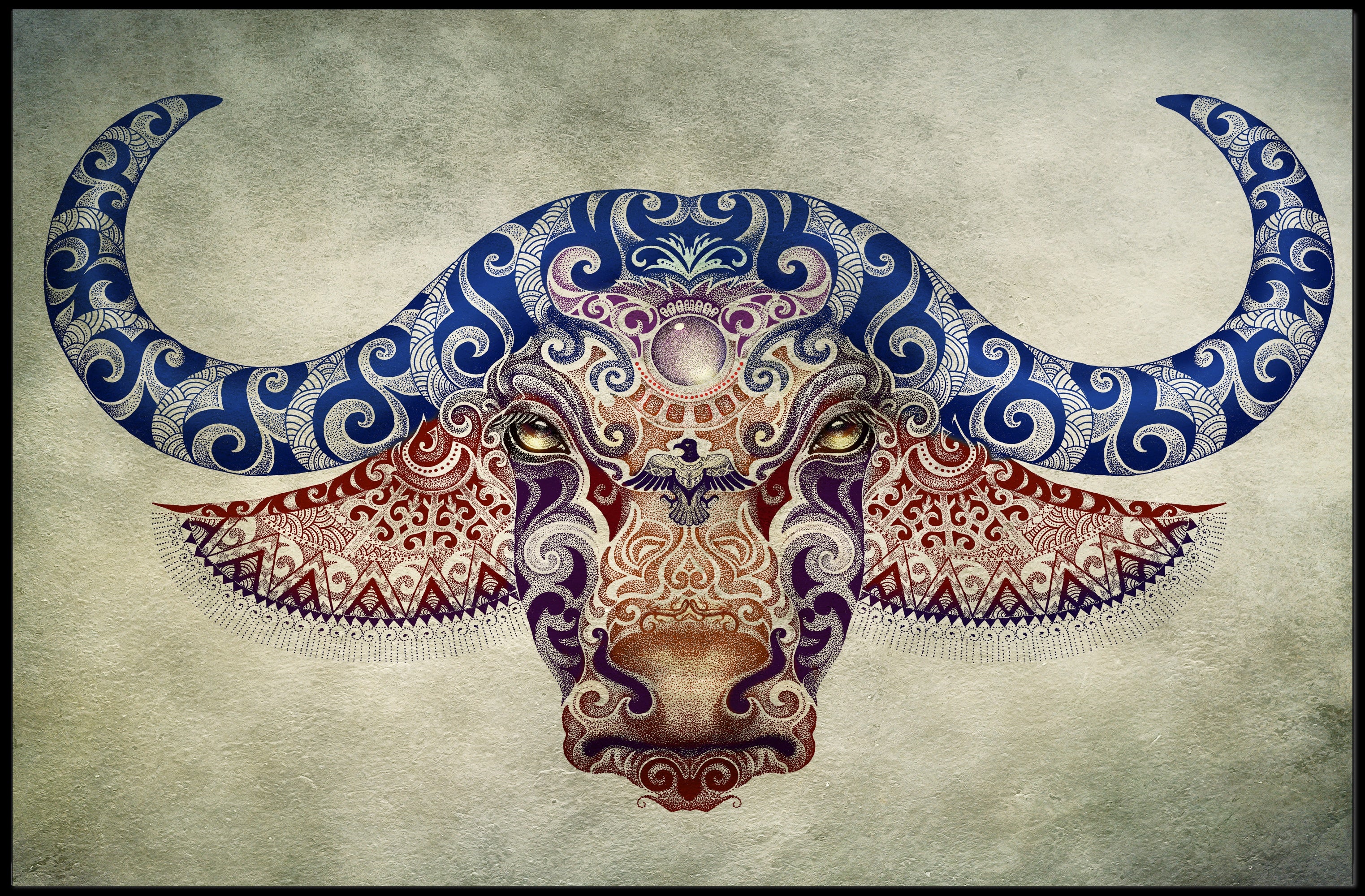 Stylized Buffalo Head with Blue Motifs Animal Poster PosterGoat