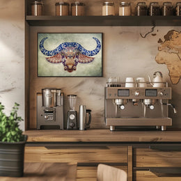 Stylized Buffalo Head with Blue Motifs Animal Poster PosterGoat