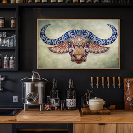 Stylized Buffalo Head with Blue Motifs Animal Poster PosterGoat