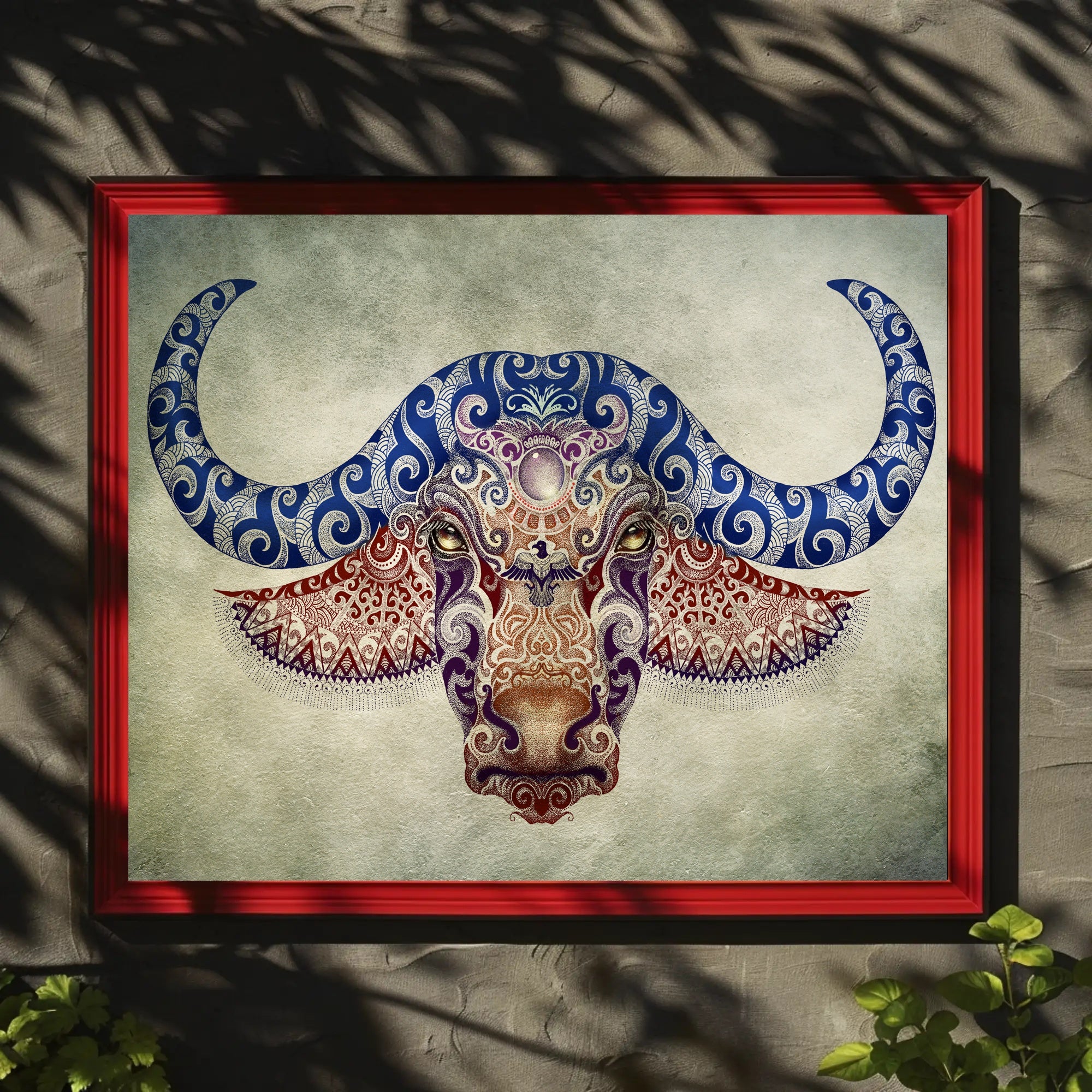 Stylized Buffalo Head with Blue Motifs Animal Poster PosterGoat