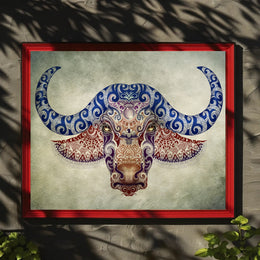 Stylized Buffalo Head with Blue Motifs Animal Poster PosterGoat