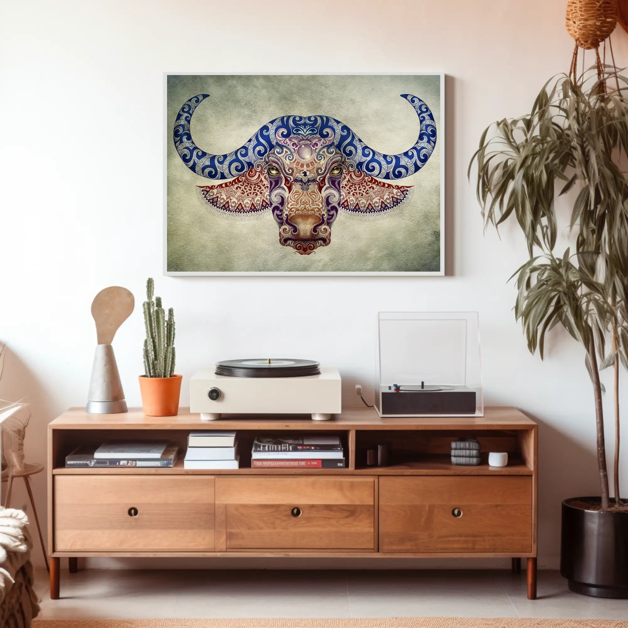 Stylized Buffalo Head with Blue Motifs Animal Poster PosterGoat