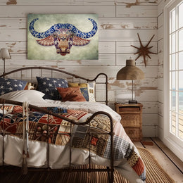 Stylized Buffalo Head with Blue Motifs Animal Poster PosterGoat