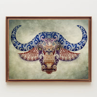 Stylized Buffalo Head with Blue Motifs Animal Poster PosterGoat