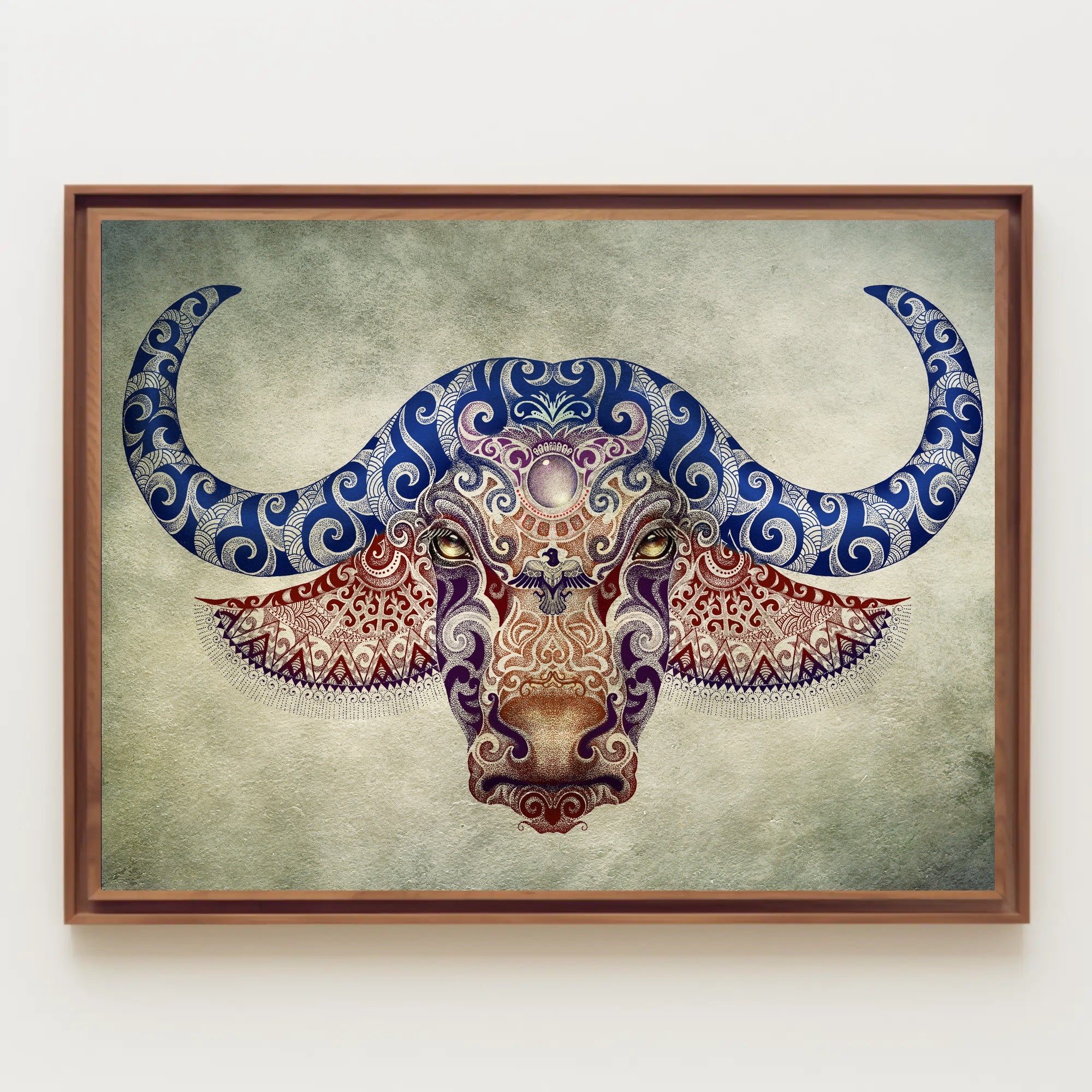 Stylized Buffalo Head with Blue Motifs Animal Poster PosterGoat