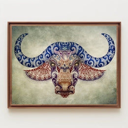 Stylized Buffalo Head with Blue Motifs Animal Poster PosterGoat