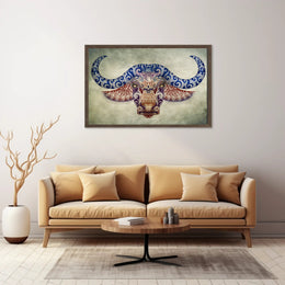 Stylized Buffalo Head with Blue Motifs Animal Poster PosterGoat