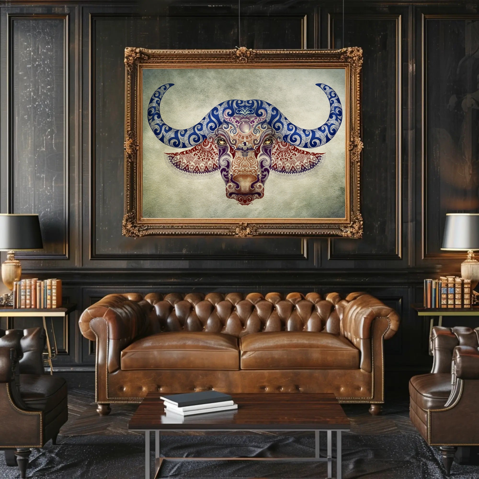 Stylized Buffalo Head with Blue Motifs Animal Poster PosterGoat