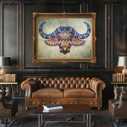 Stylized Buffalo Head with Blue Motifs Animal Poster PosterGoat