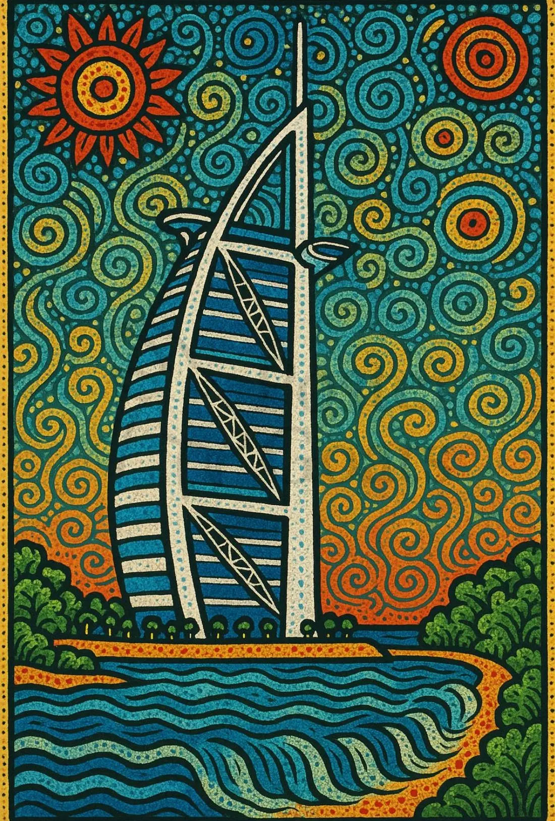 Stylized Burj Al Arab Coastal Art Travel Poster PosterGoat