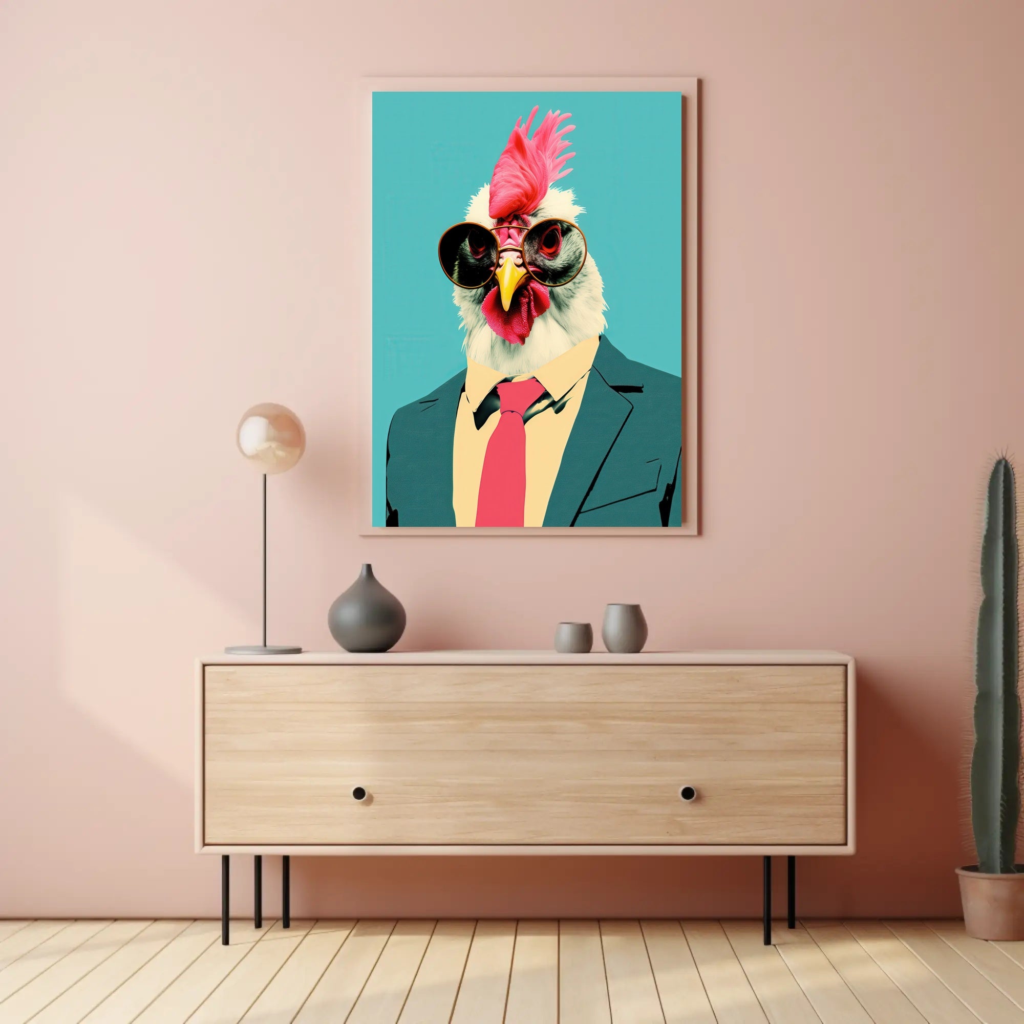 Stylized Chicken in Formal Attire Pop Culture Poster PosterGoat