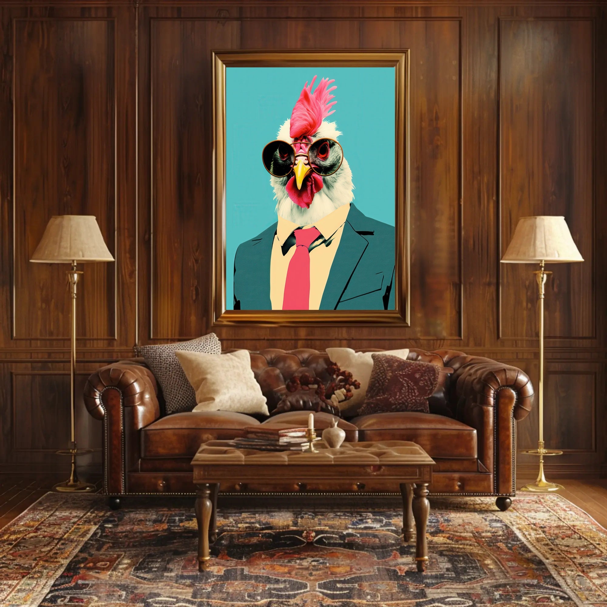 Stylized Chicken in Formal Attire Pop Culture Poster PosterGoat