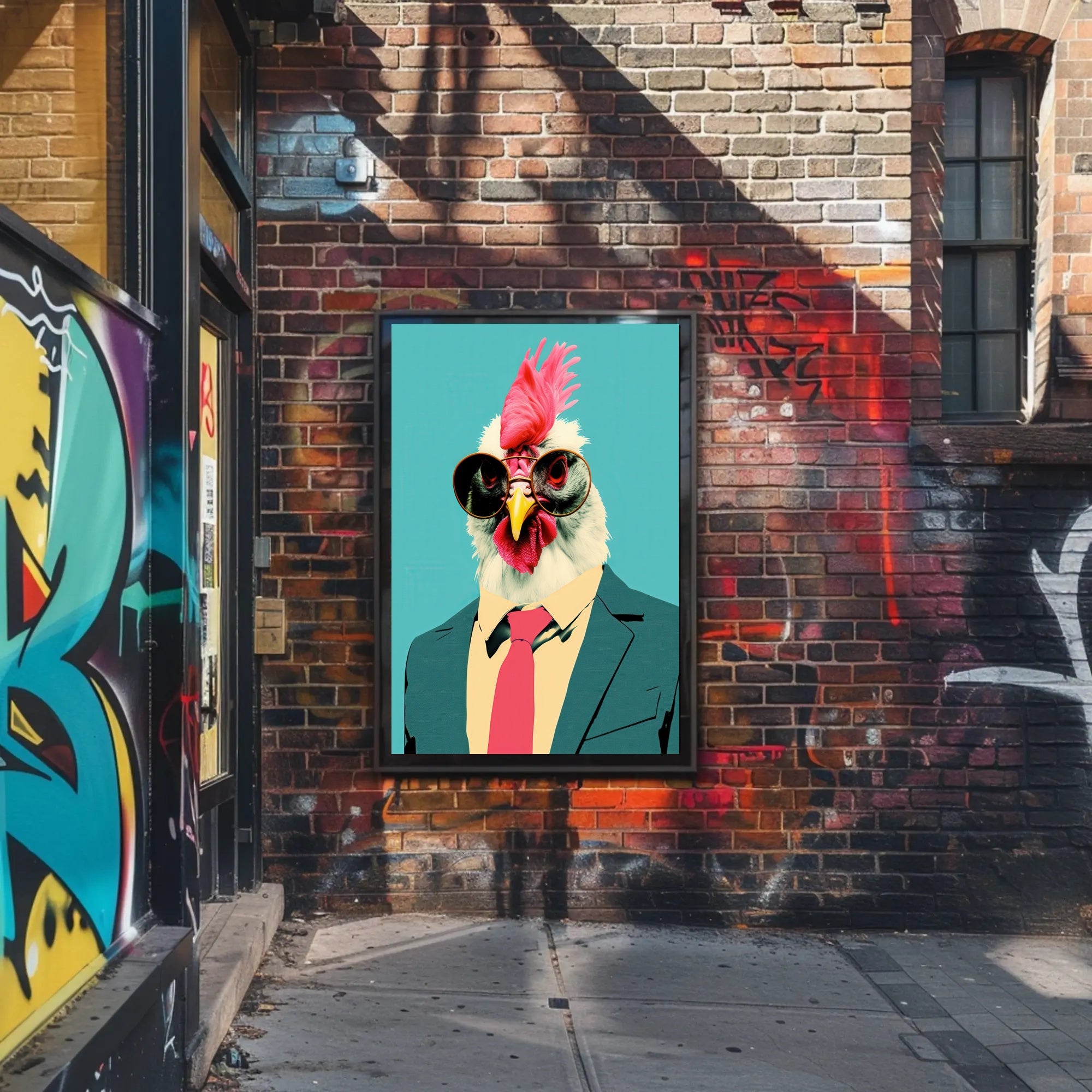 Stylized Chicken in Formal Attire Pop Culture Poster PosterGoat