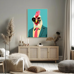 Stylized Chicken in Formal Attire Pop Culture Poster PosterGoat