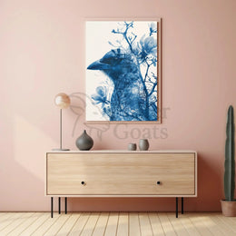 Stylized Crow and Floral Double Exposure Artistic Poster PosterGoat