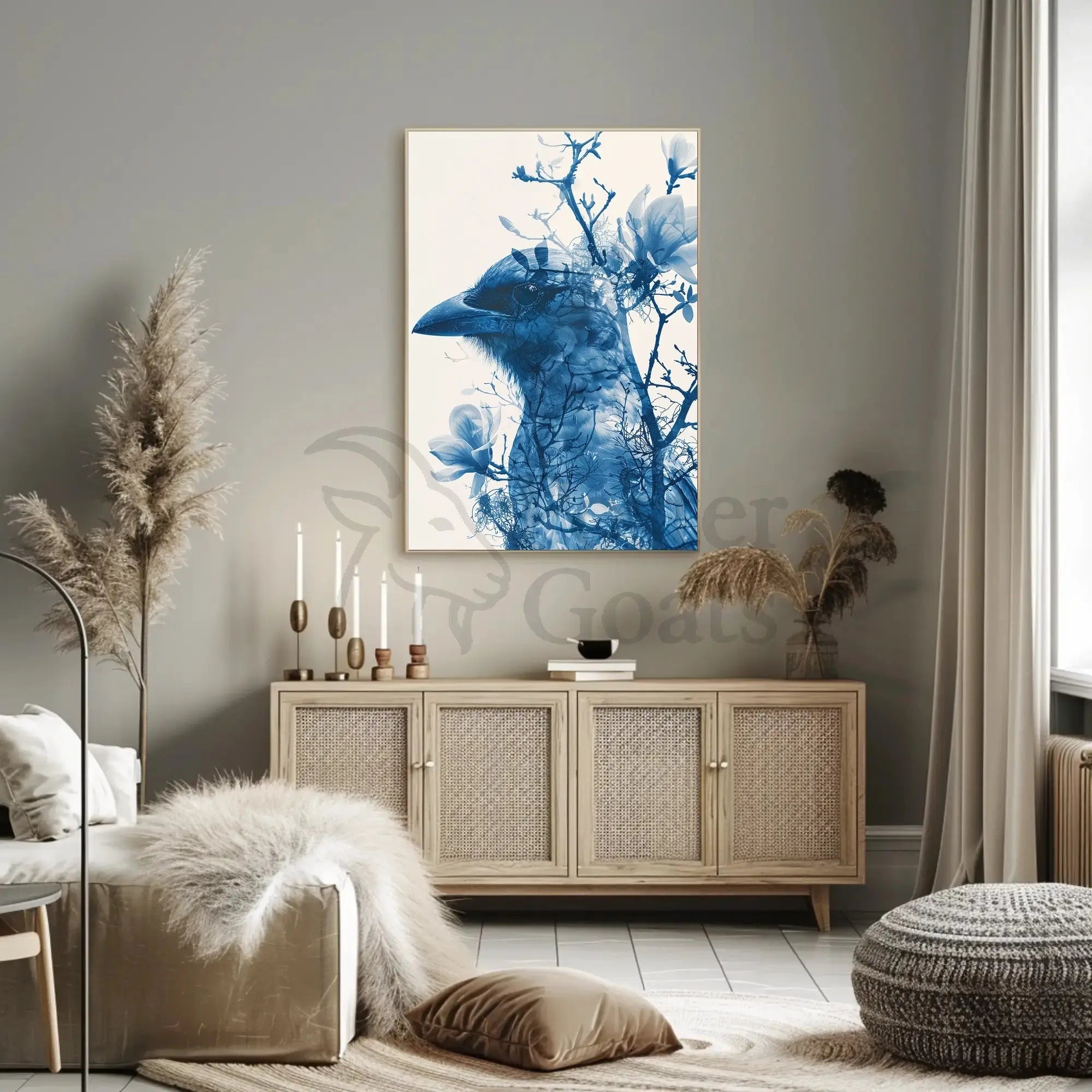 Stylized Crow and Floral Double Exposure Artistic Poster PosterGoat