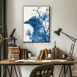 Stylized Crow and Floral Double Exposure Artistic Poster PosterGoat