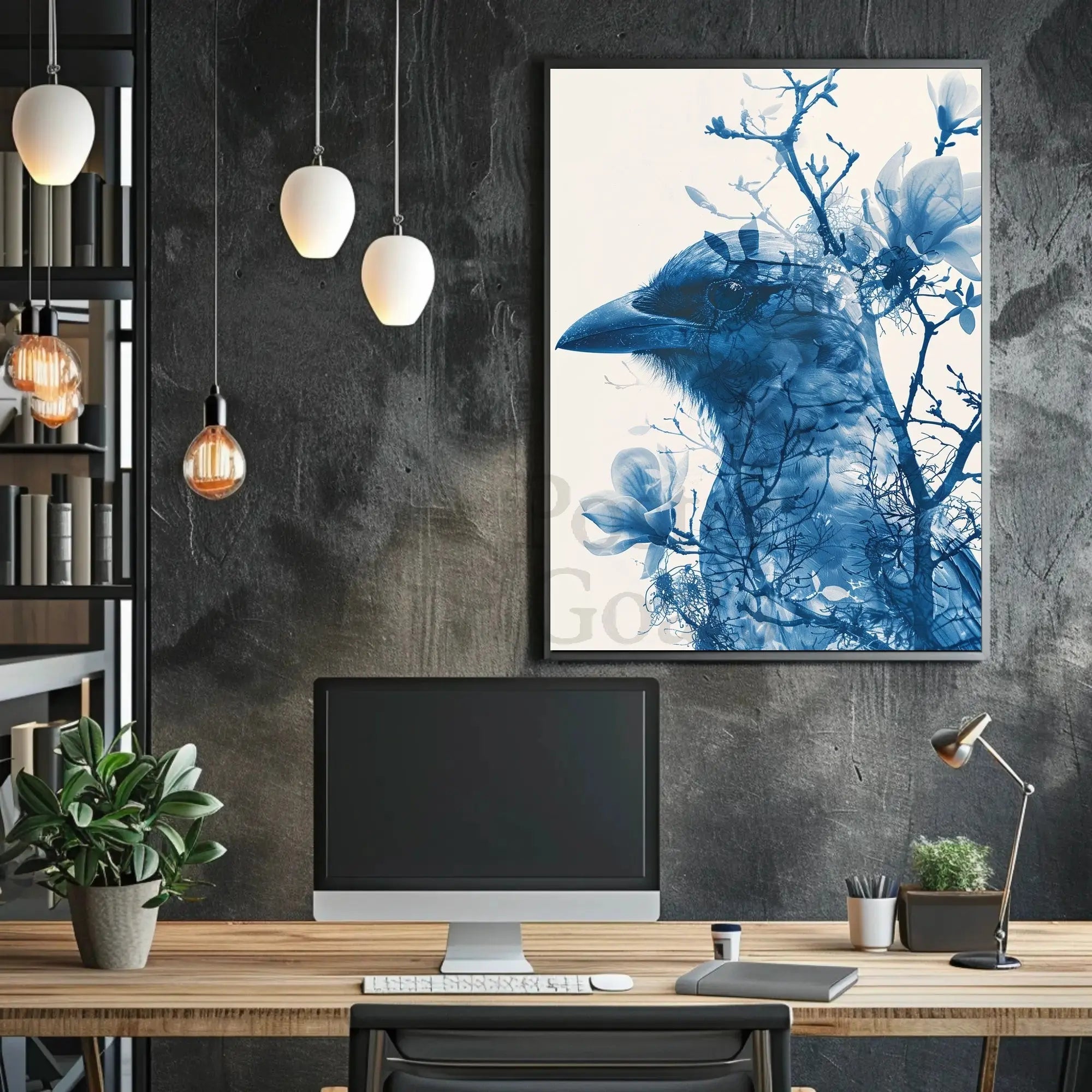 Stylized Crow and Floral Double Exposure Artistic Poster PosterGoat