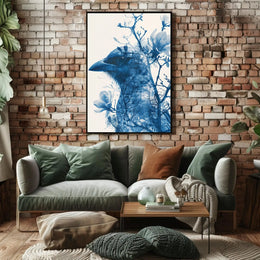 Stylized Crow and Floral Double Exposure Artistic Poster PosterGoat
