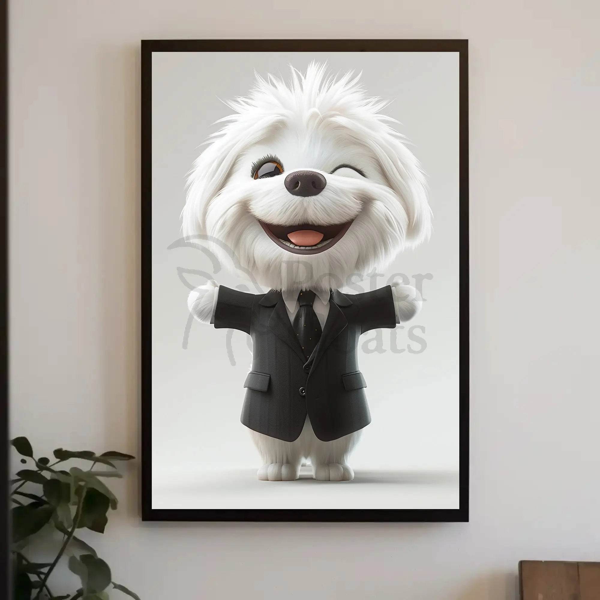 Stylized Fluffy Dog in Suit Cartoon Animal Poster PosterGoat