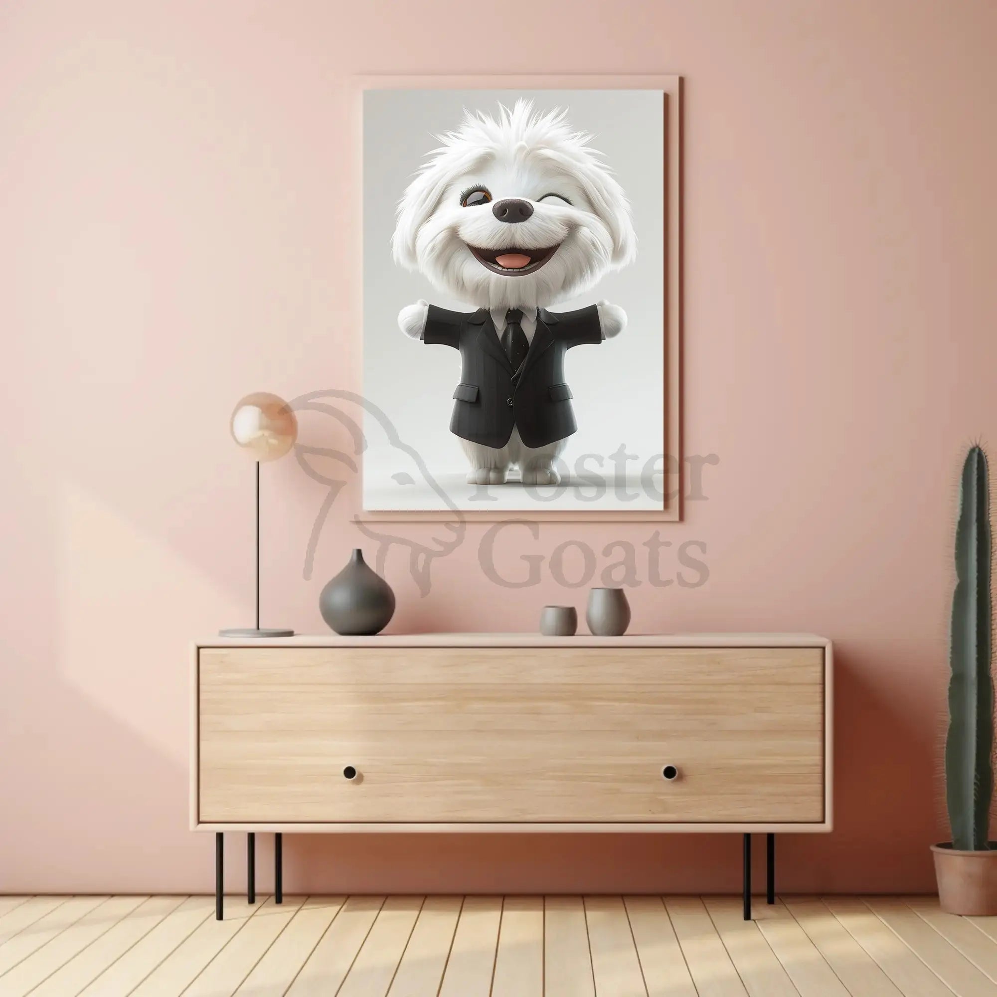 Stylized Fluffy Dog in Suit Cartoon Animal Poster PosterGoat