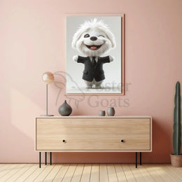 Stylized Fluffy Dog in Suit Cartoon Animal Poster PosterGoat