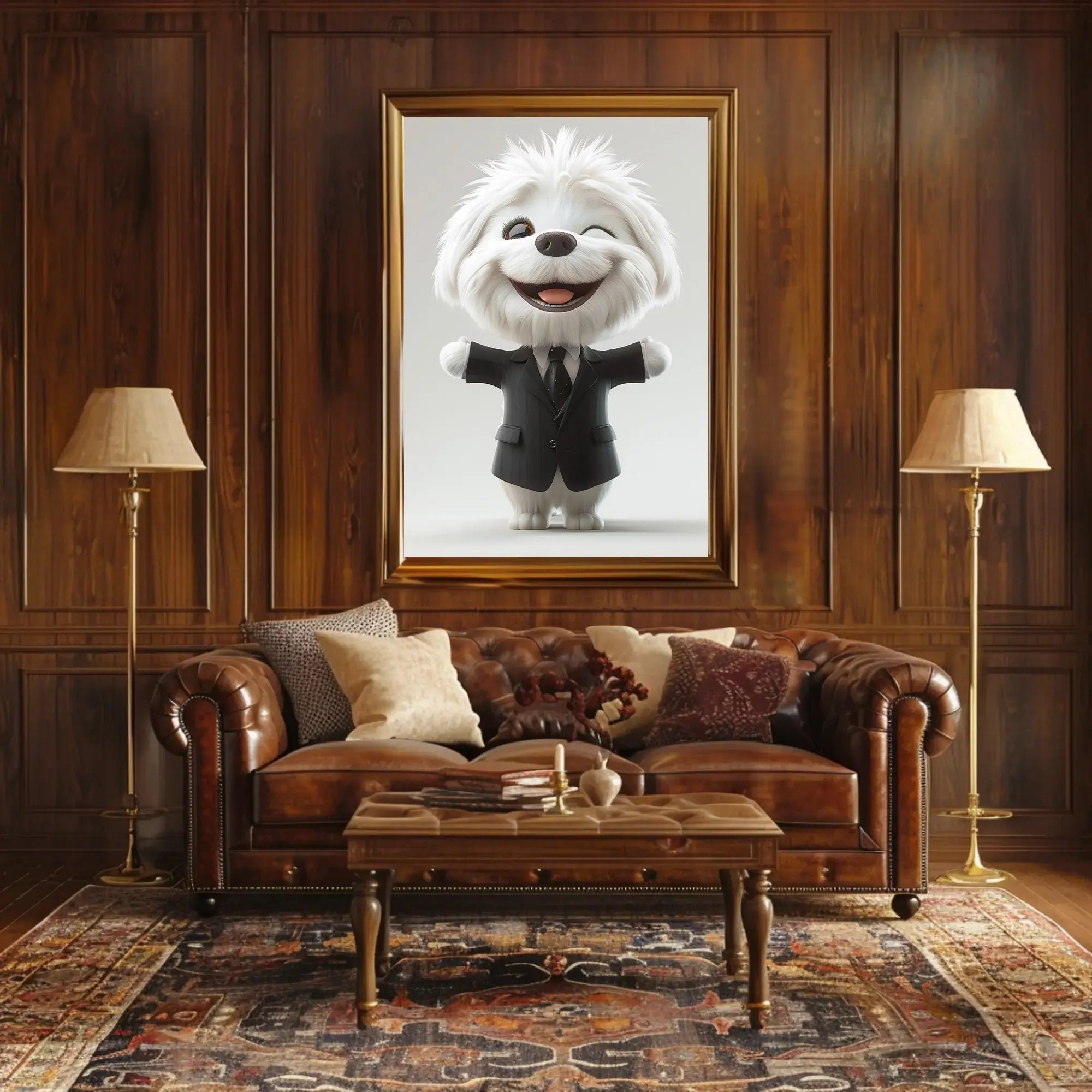 Stylized Fluffy Dog in Suit Cartoon Animal Poster PosterGoat