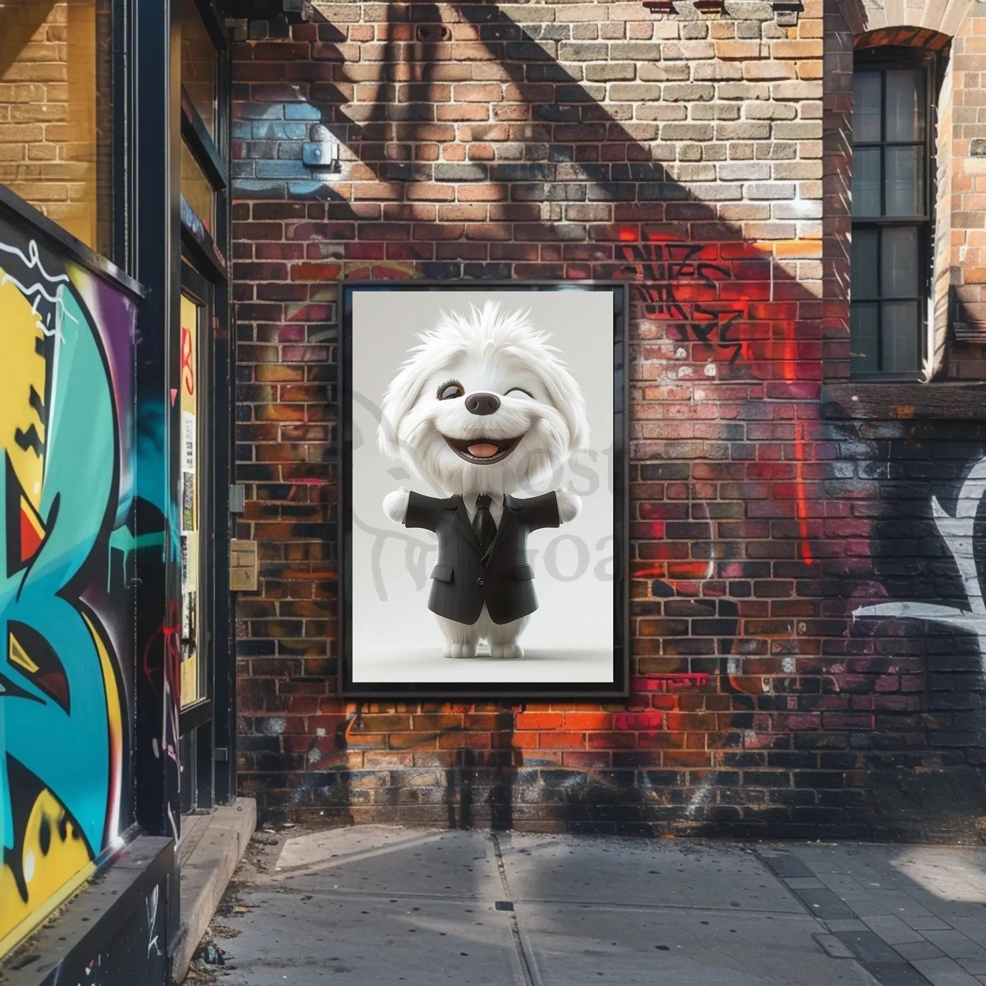 Stylized Fluffy Dog in Suit Cartoon Animal Poster PosterGoat