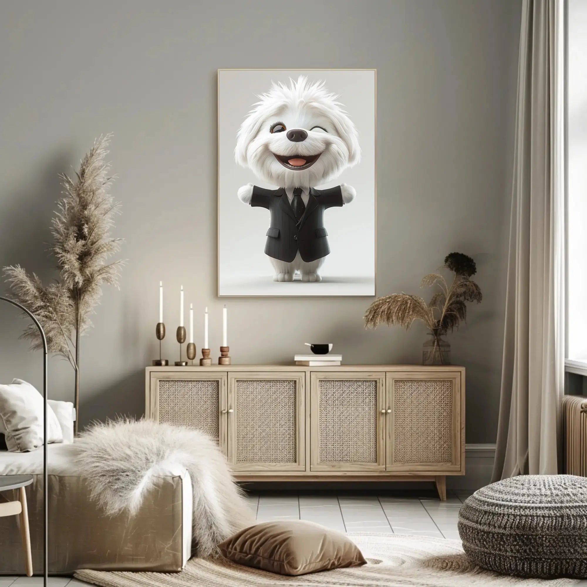 Stylized Fluffy Dog in Suit Cartoon Animal Poster PosterGoat
