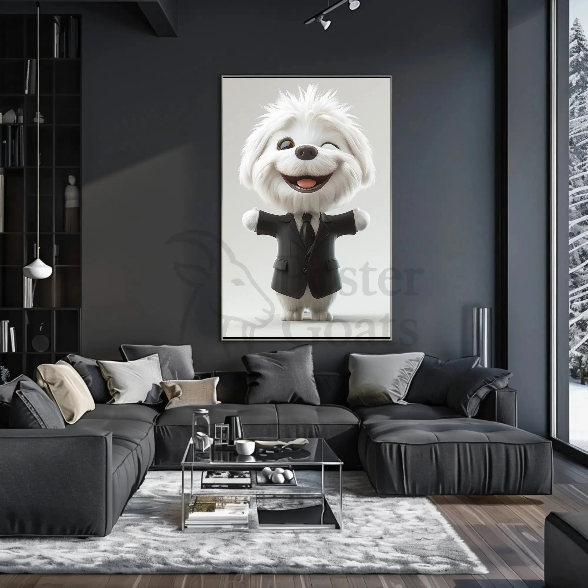 Stylized Fluffy Dog in Suit Cartoon Animal Poster PosterGoat