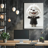 Stylized Fluffy Dog in Suit Cartoon Animal Poster PosterGoat