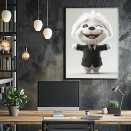 Stylized Fluffy Dog in Suit Cartoon Animal Poster PosterGoat