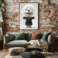 Stylized Fluffy Dog in Suit Cartoon Animal Poster PosterGoat
