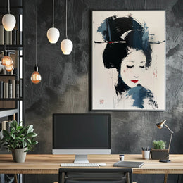 Stylized Geisha Portrait in Abstract Artistic Poster PosterGoat