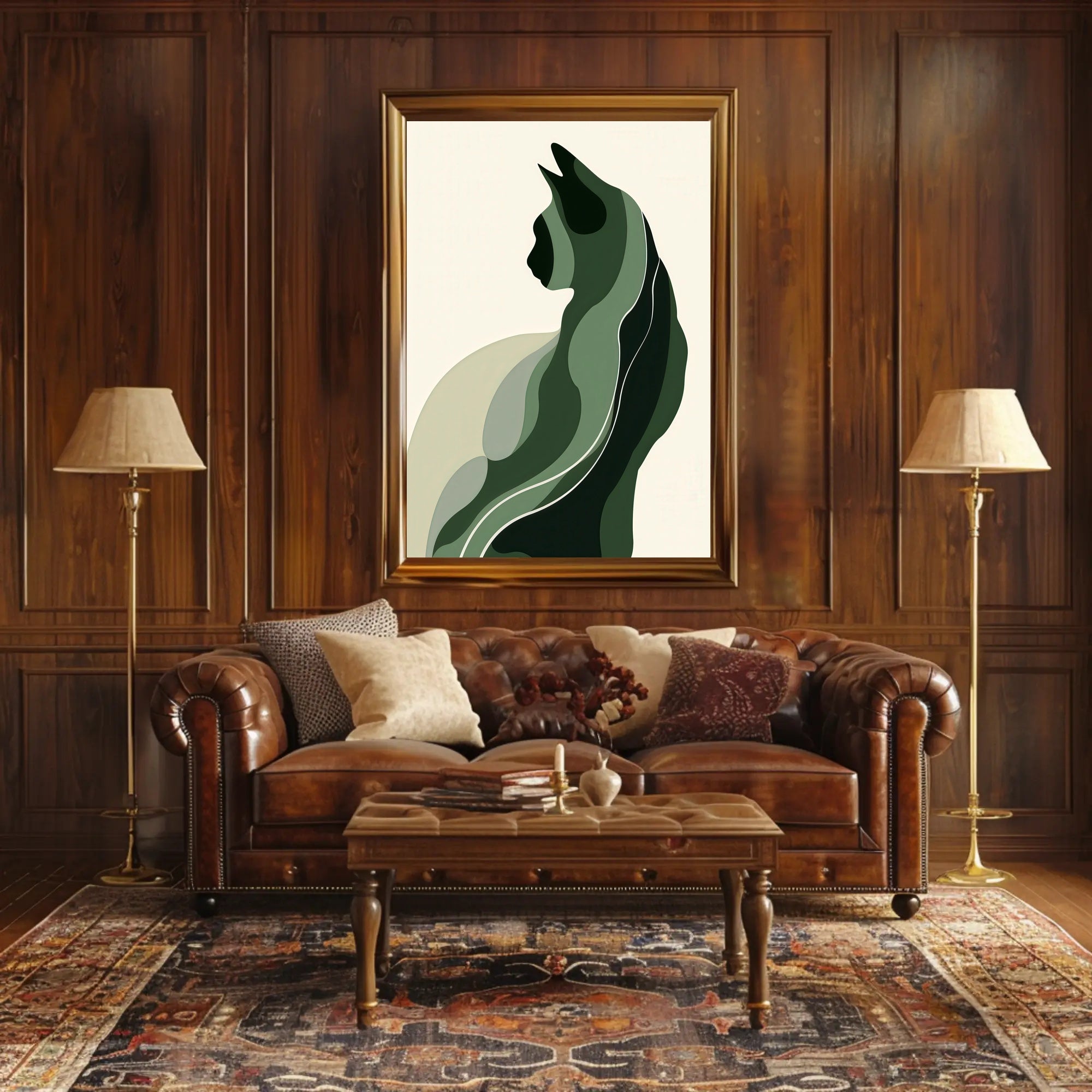 Stylized Green Cat Silhouette Abstract or Artistic Poster PosterGoat