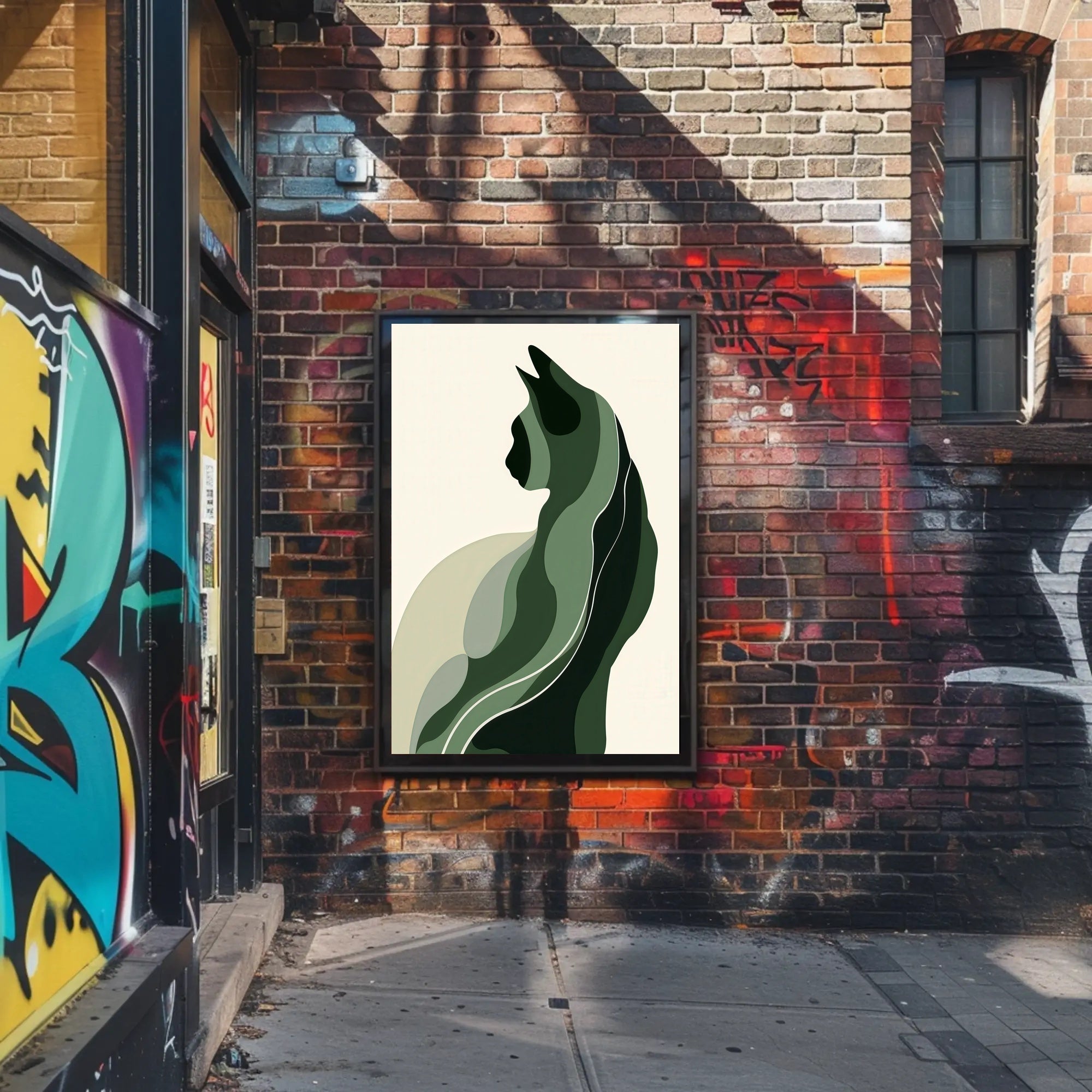 Stylized Green Cat Silhouette Abstract or Artistic Poster PosterGoat