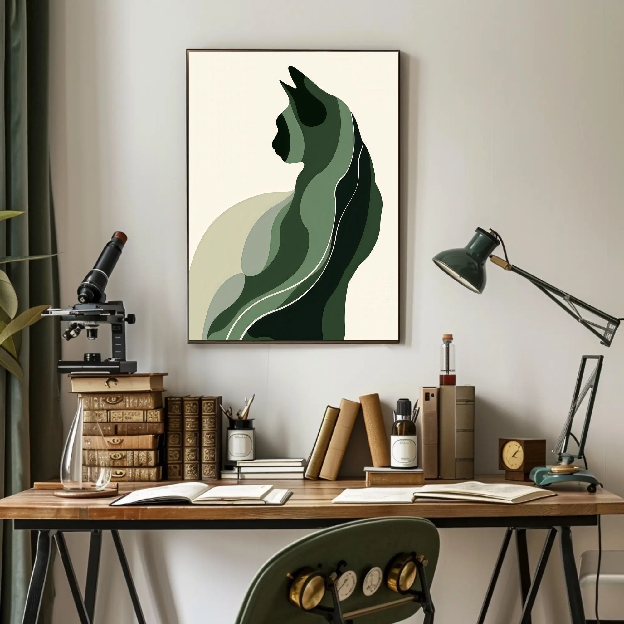 Stylized Green Cat Silhouette Abstract or Artistic Poster PosterGoat