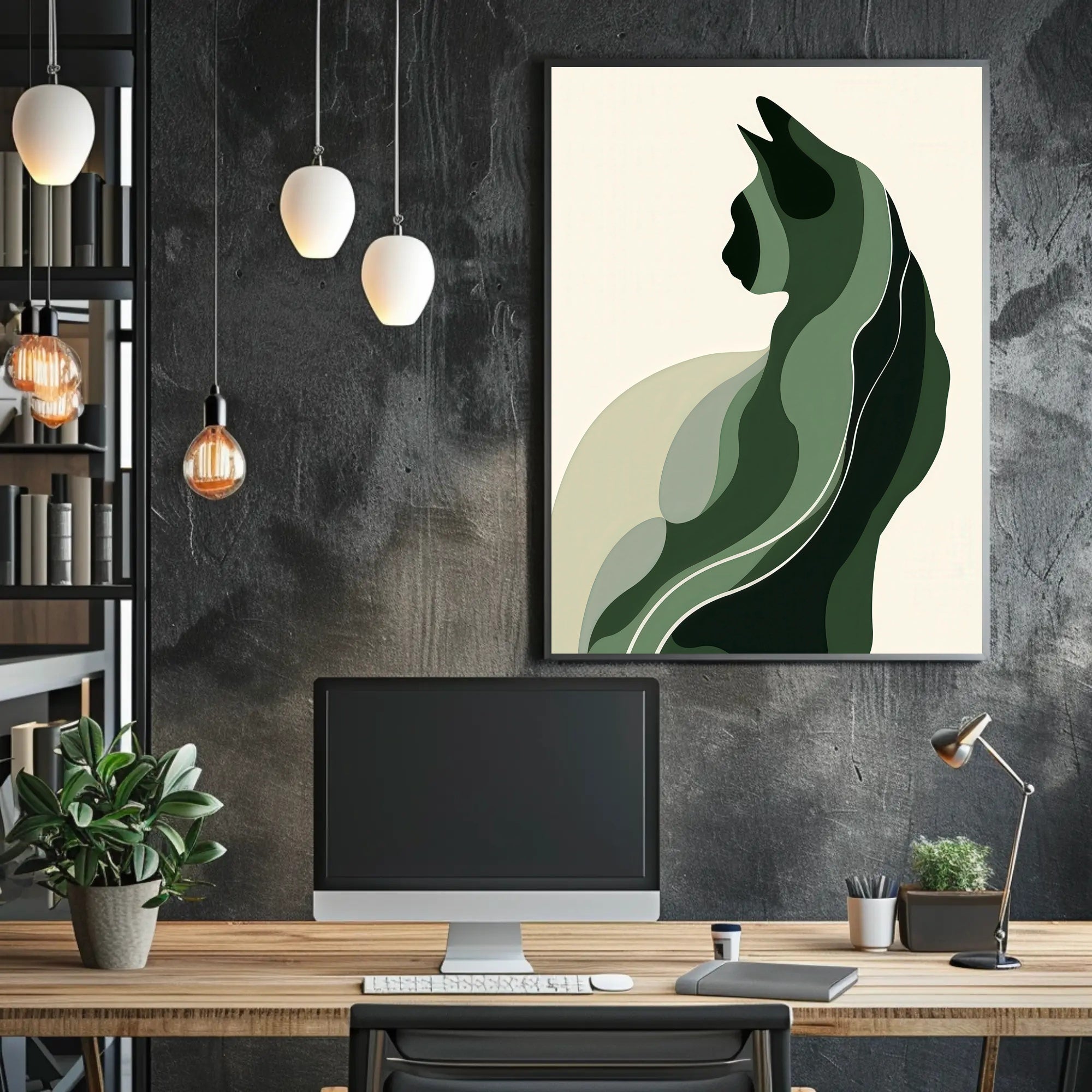 Stylized Green Cat Silhouette Abstract or Artistic Poster PosterGoat