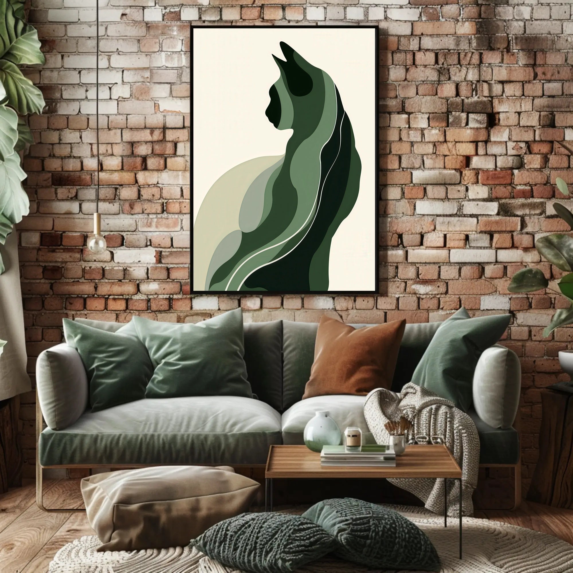 Stylized Green Cat Silhouette Abstract or Artistic Poster PosterGoat