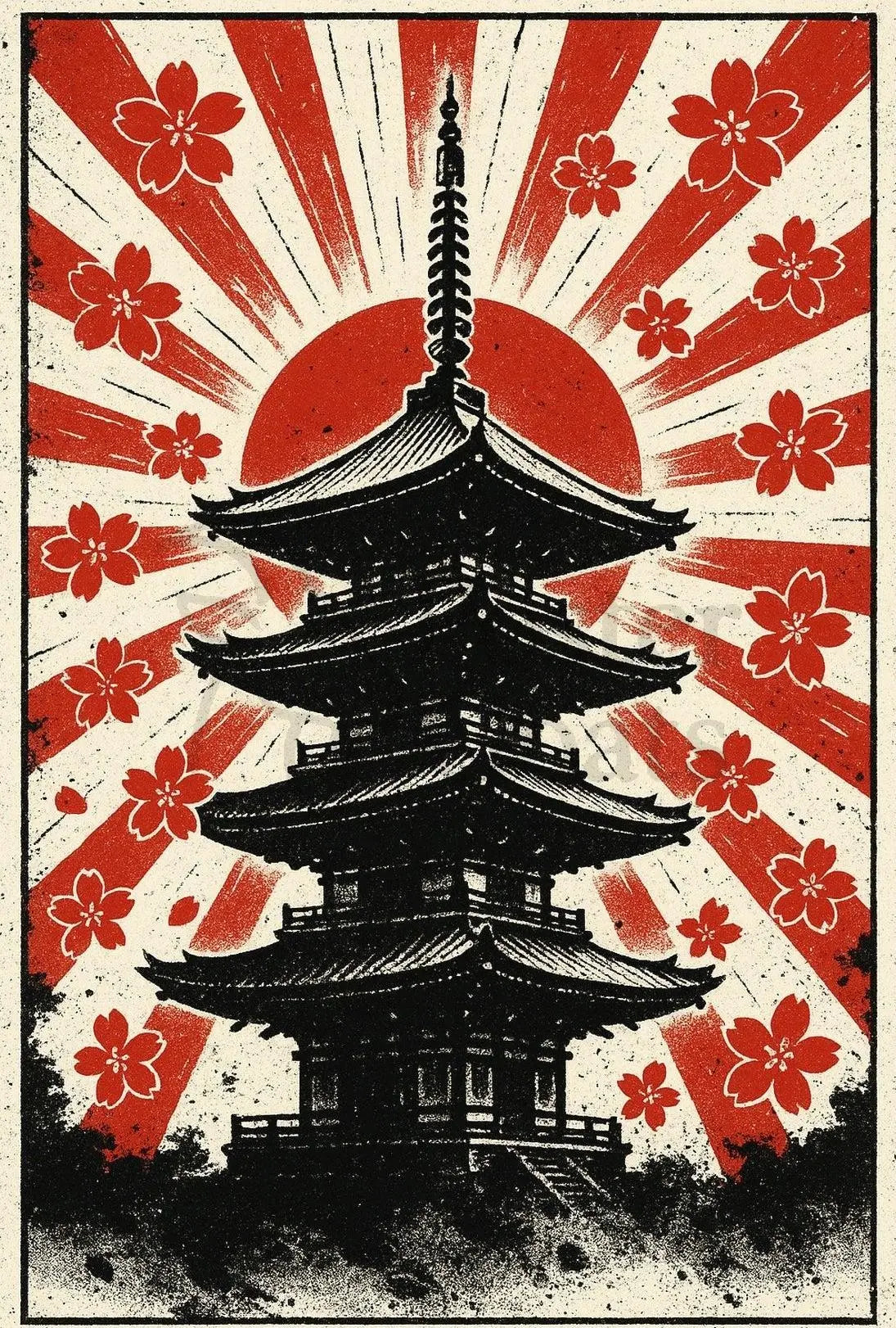 Stylized Japanese pagoda and cherry blossoms cultural heritage poster PosterGoat