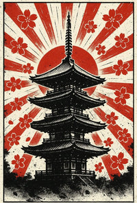 Stylized Japanese pagoda and cherry blossoms cultural heritage poster PosterGoat